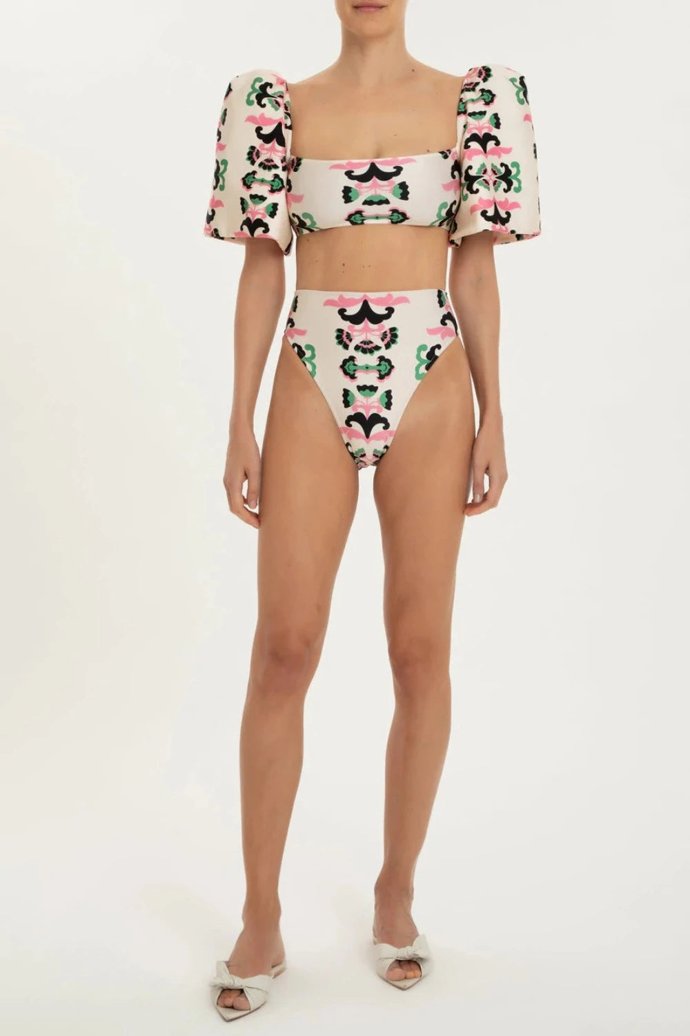 Twisted Flower High Leg Puff Sleeve Bikini