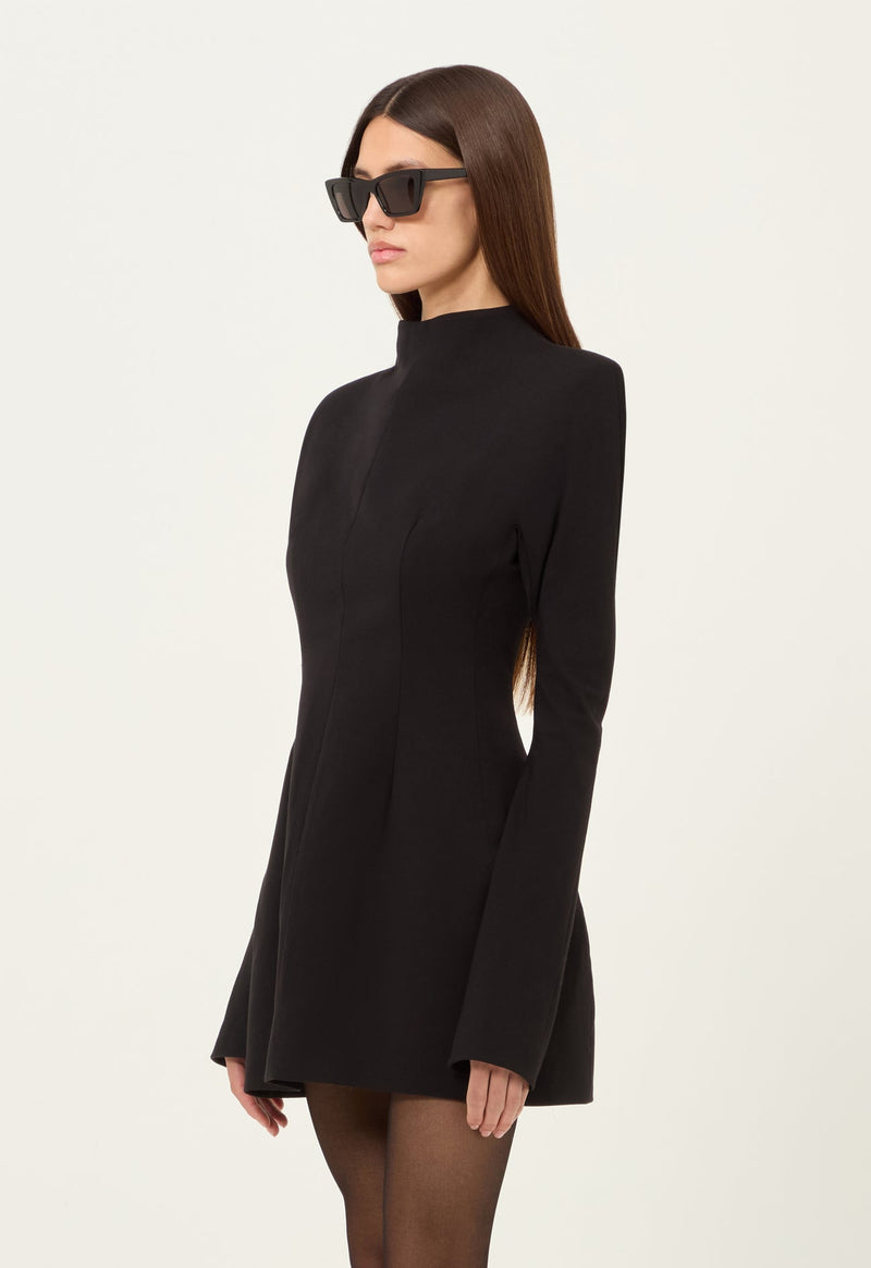 Wool Contoured Turtleneck L-S Mini Dress Black