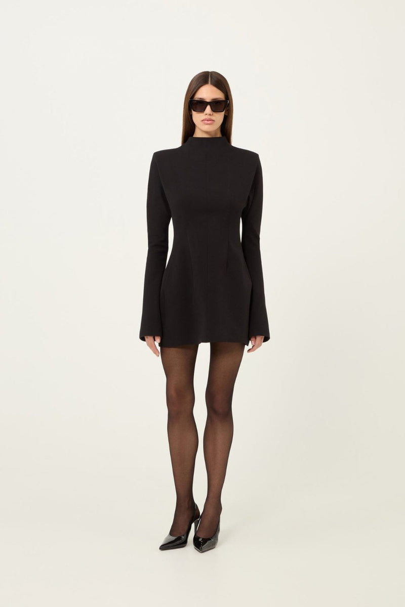 Wool Contoured Turtleneck L-S Mini Dress Black