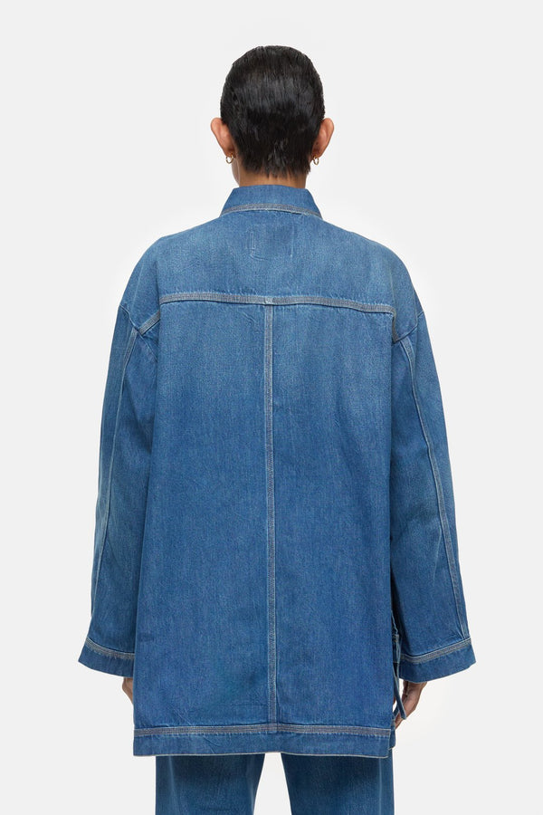 Denim Overshirt with Sidelong Straps Mid Blue