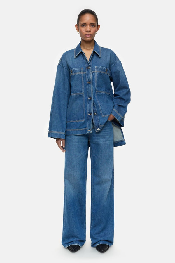 Denim Overshirt with Sidelong Straps Mid Blue