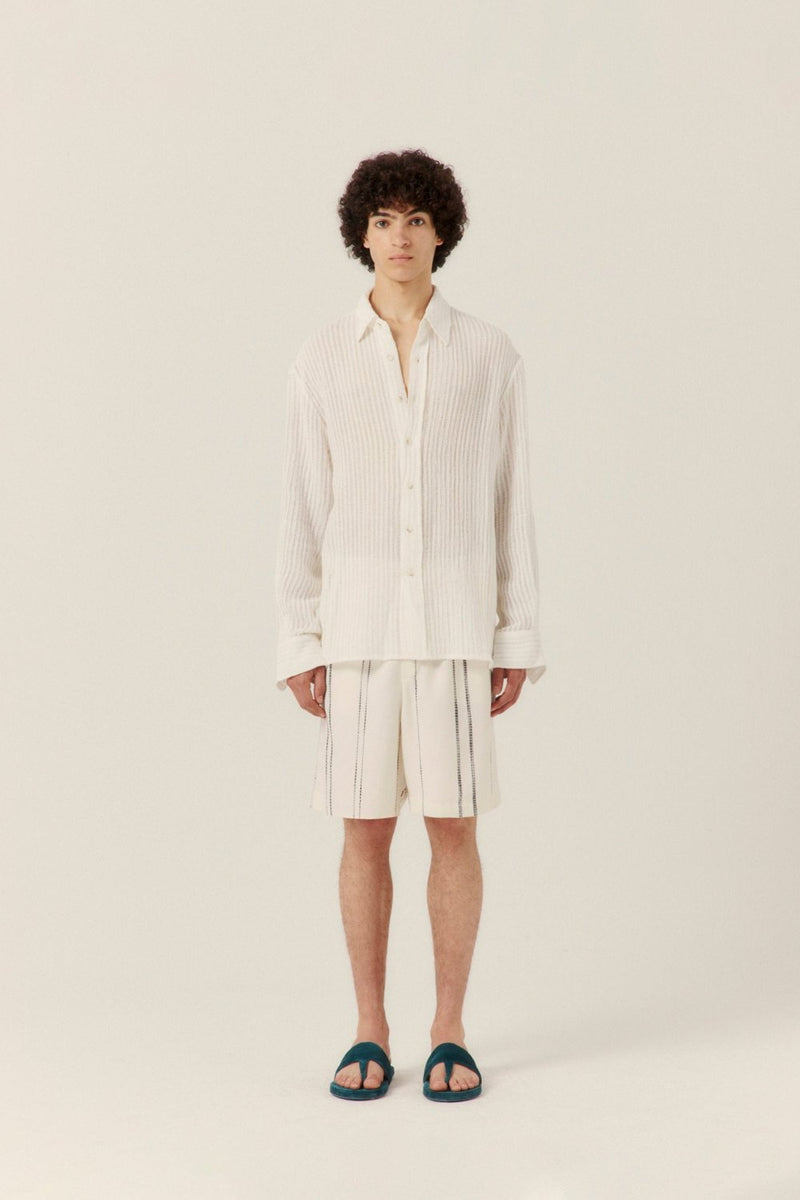 Sheer Stripe Linen Woven Shirt White