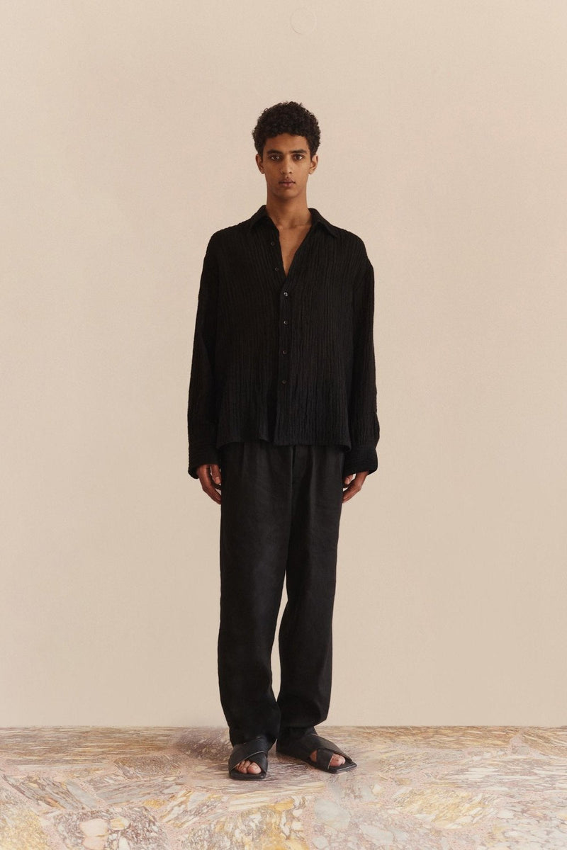 Sheer Stripe Linen Woven Shirt Black