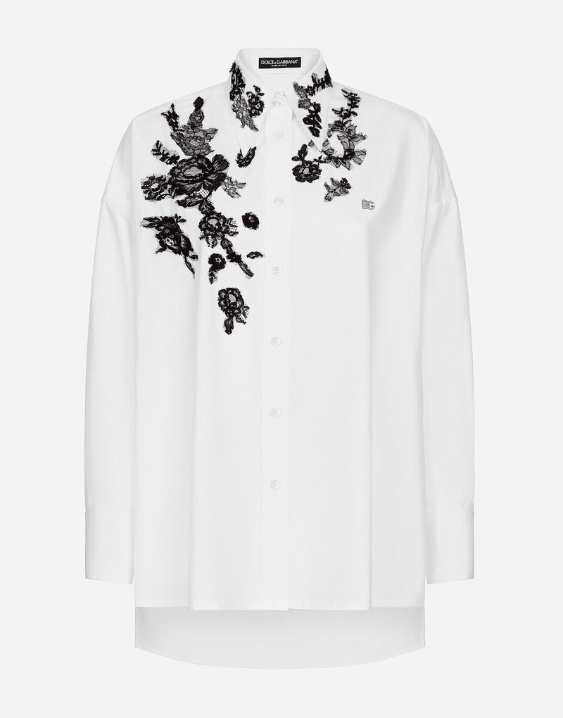 Oversize Cotton Shirt with Lace Appliques