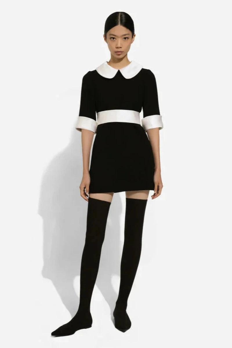 Short Wool Crepe Dress with Satin Details