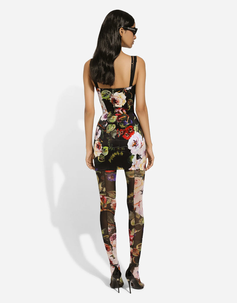 Short Satin Corset Dress Rose Garden Print