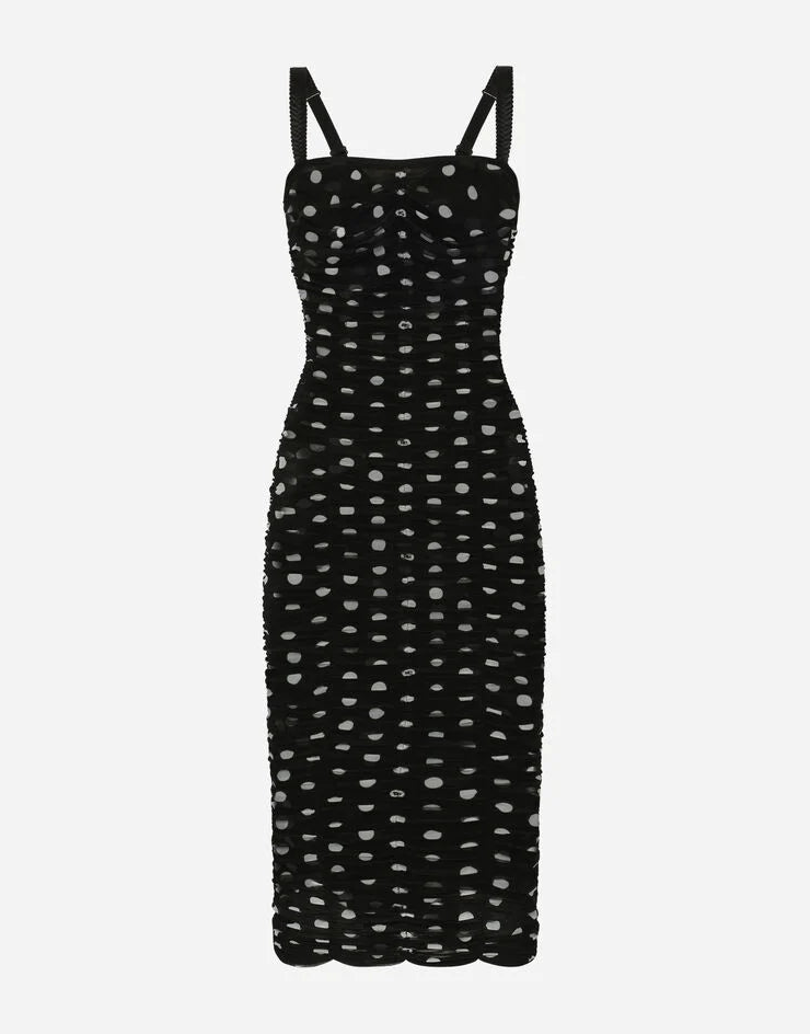 Tulle Calf-Length Sheath Dress with Draping and Polka-Dot Print