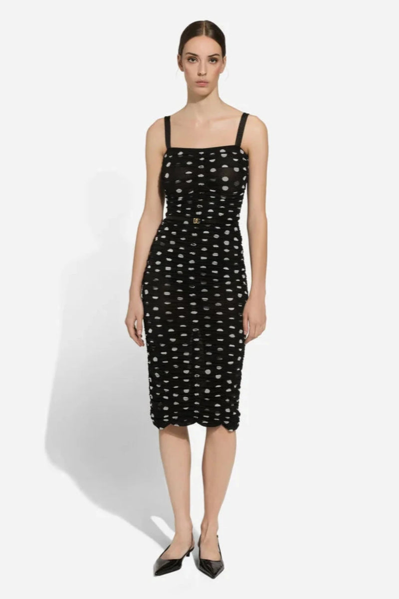 Tulle Calf-Length Sheath Dress with Draping and Polka-Dot Print