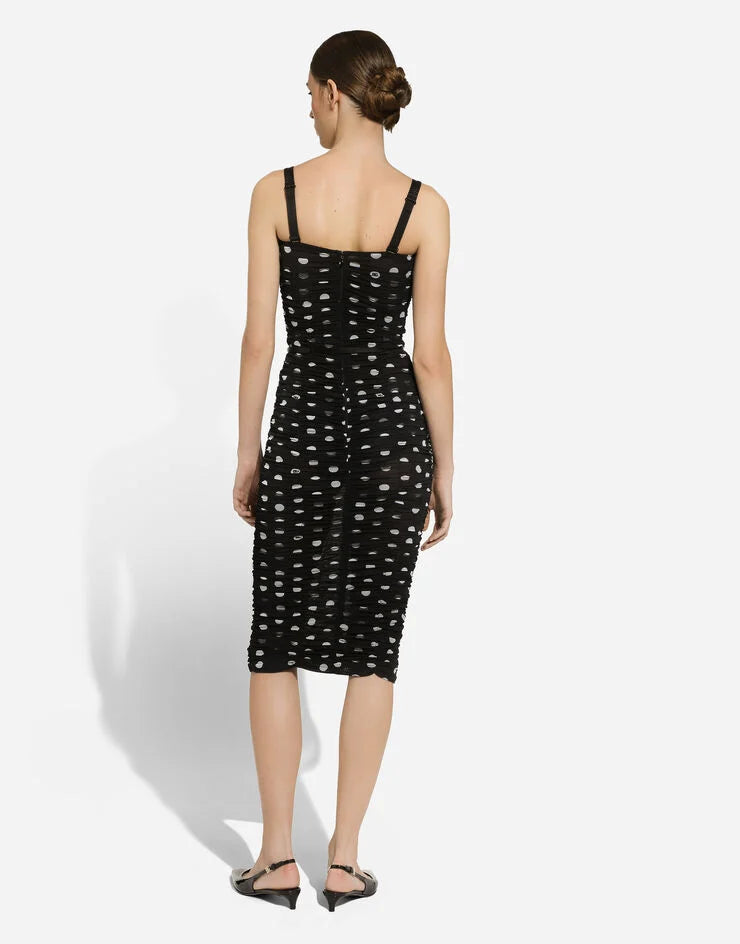 Tulle Calf-Length Sheath Dress with Draping and Polka-Dot Print