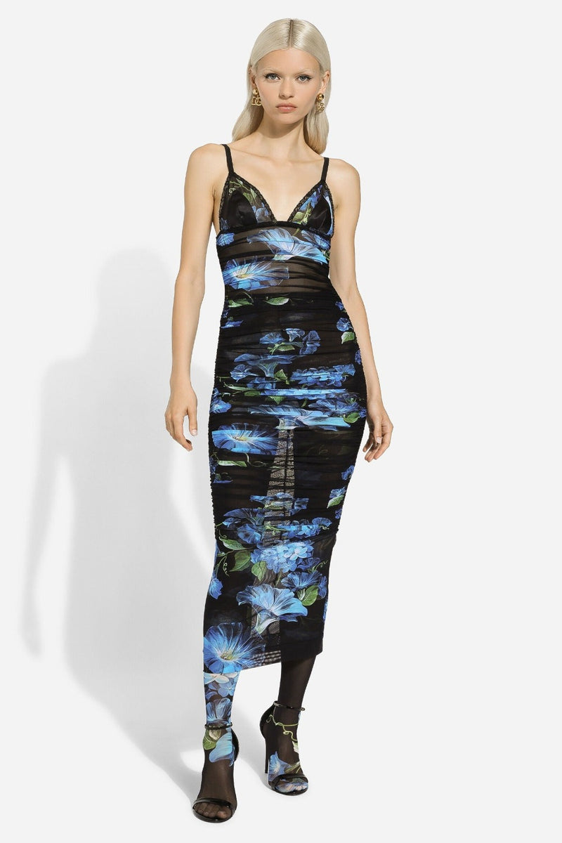 Tulle Slip Dress with Bluebell Print DOLCE & GABBANA WOMEN'S MIDI DRESSES CURIO FAENA MIAMI