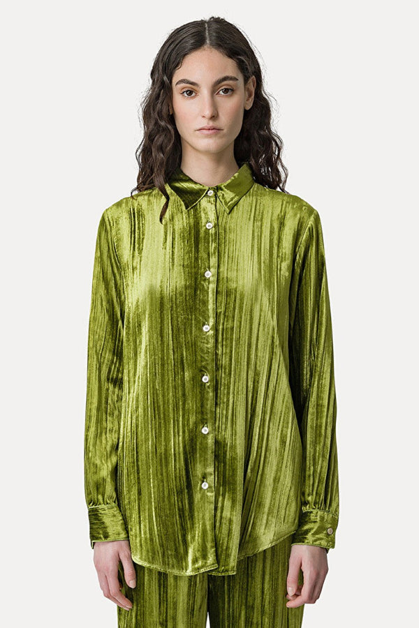 Shirt in Pleated in Velvet Forest Green