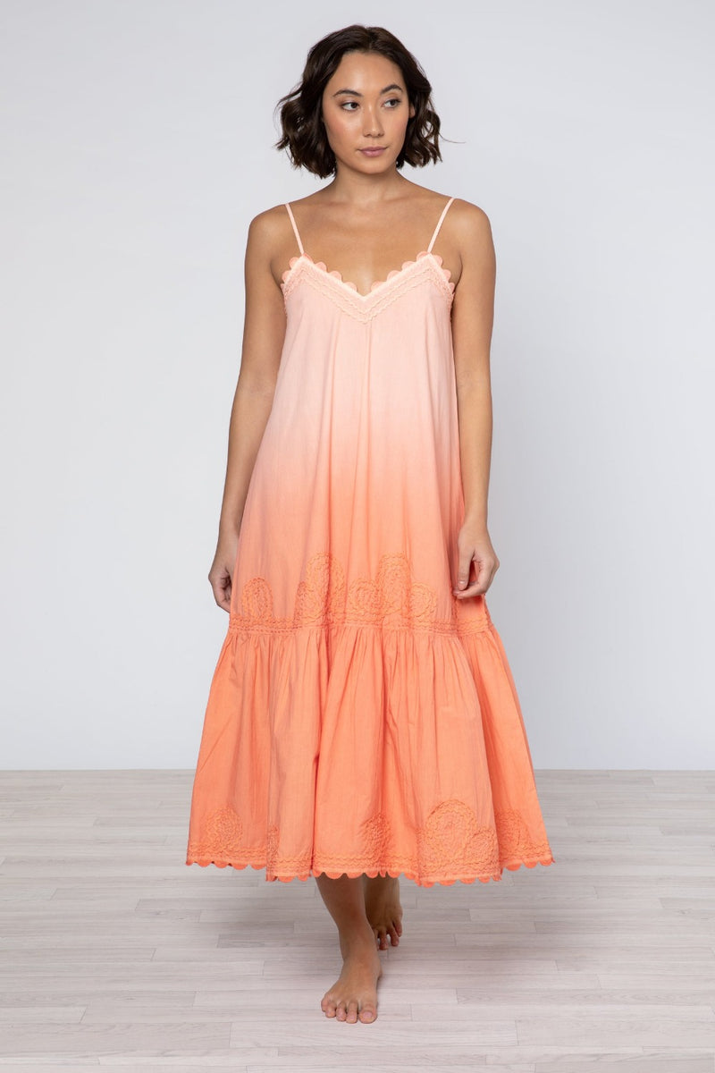 Ombre Dyed Orange Poplin V Neck Midi Dress (Final Sale)