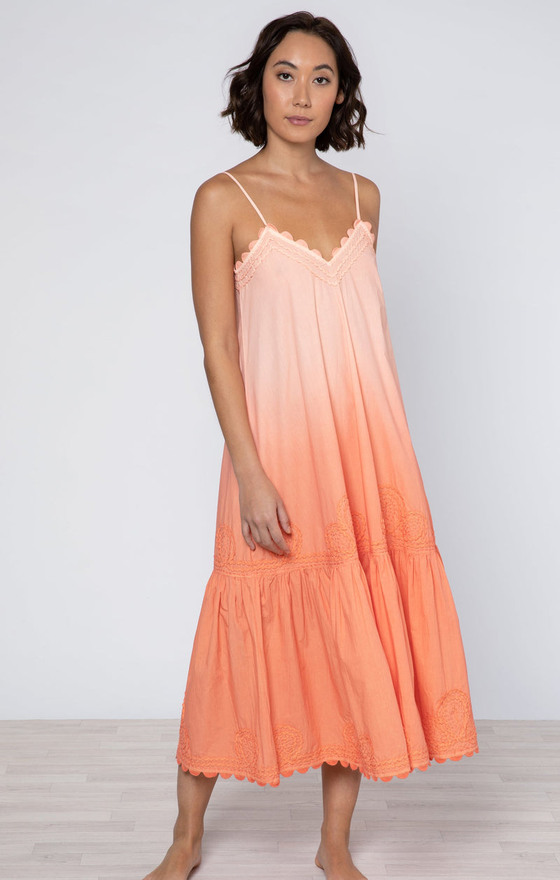 Ombre Dyed Orange Poplin V Neck Midi Dress (Final Sale)