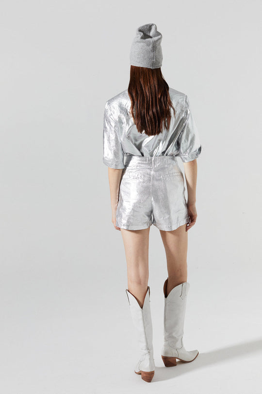 Frida Metallic Linen Shorts Silver