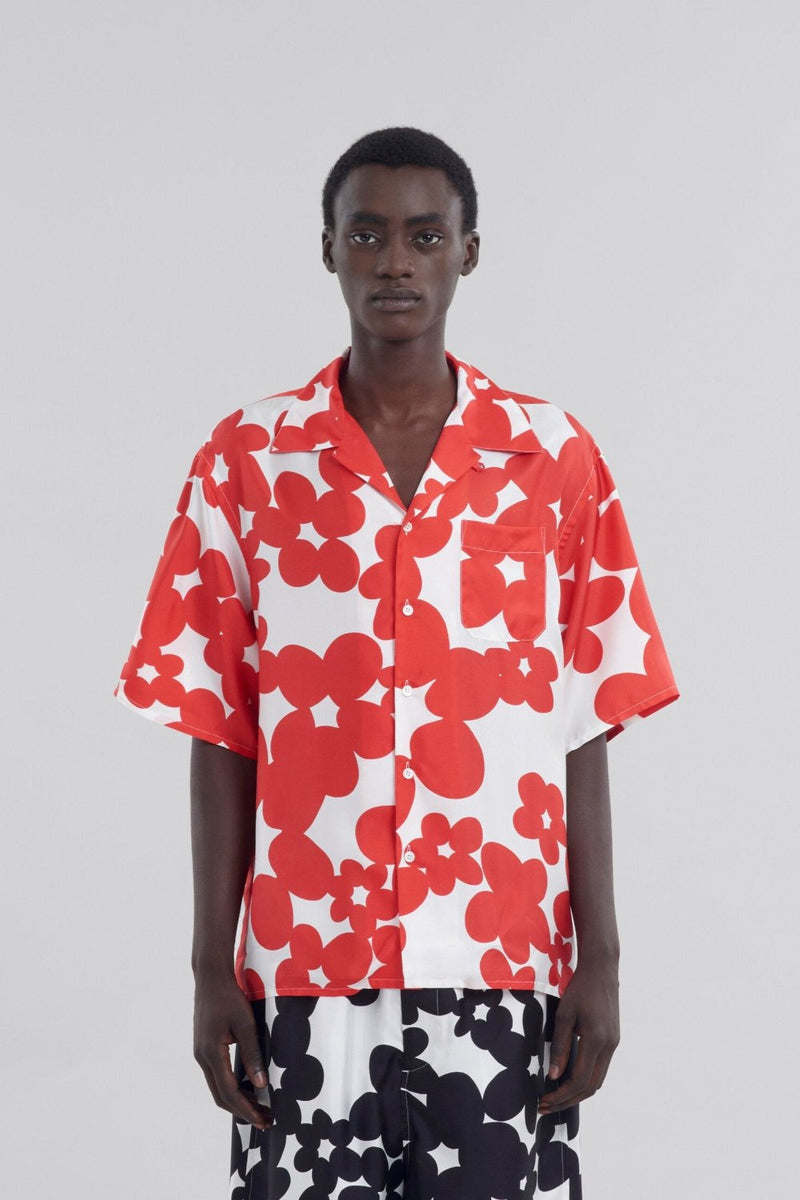 Red and White Short Sleeved Shirt with Dilles Print