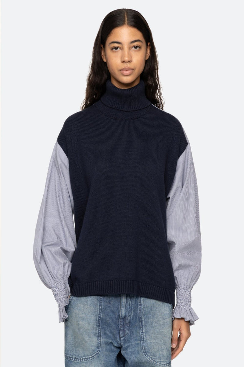 Devana Mixed Media Knit Turtleneck Combo Sweater Navy