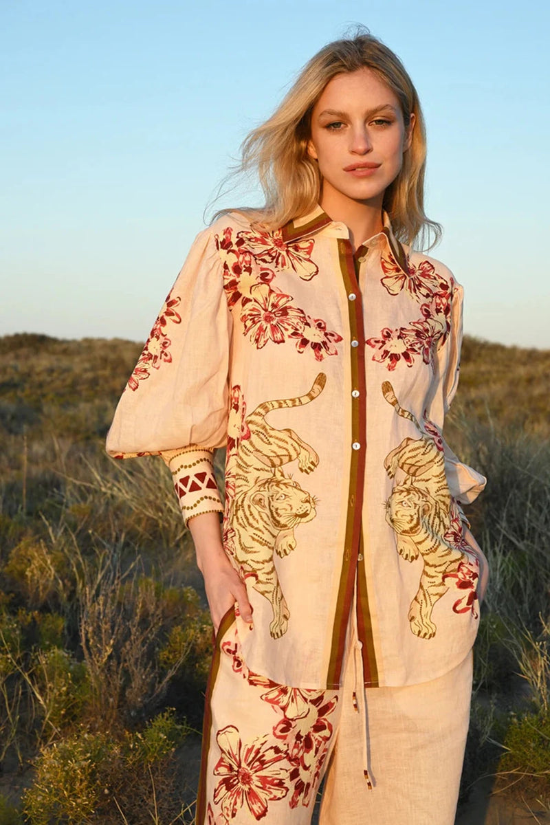 Flower Tiger Silk Shirt Beige