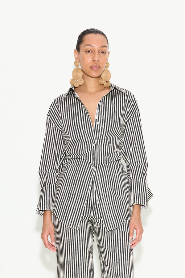 Loch Poplin Button Up Black-Rice Flour Stripe