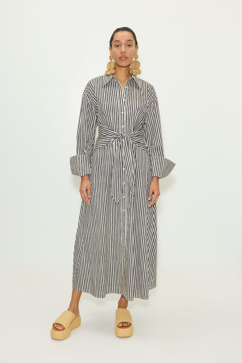 Loch Poplin Maxi Dress Black-Rice Flour Stripe