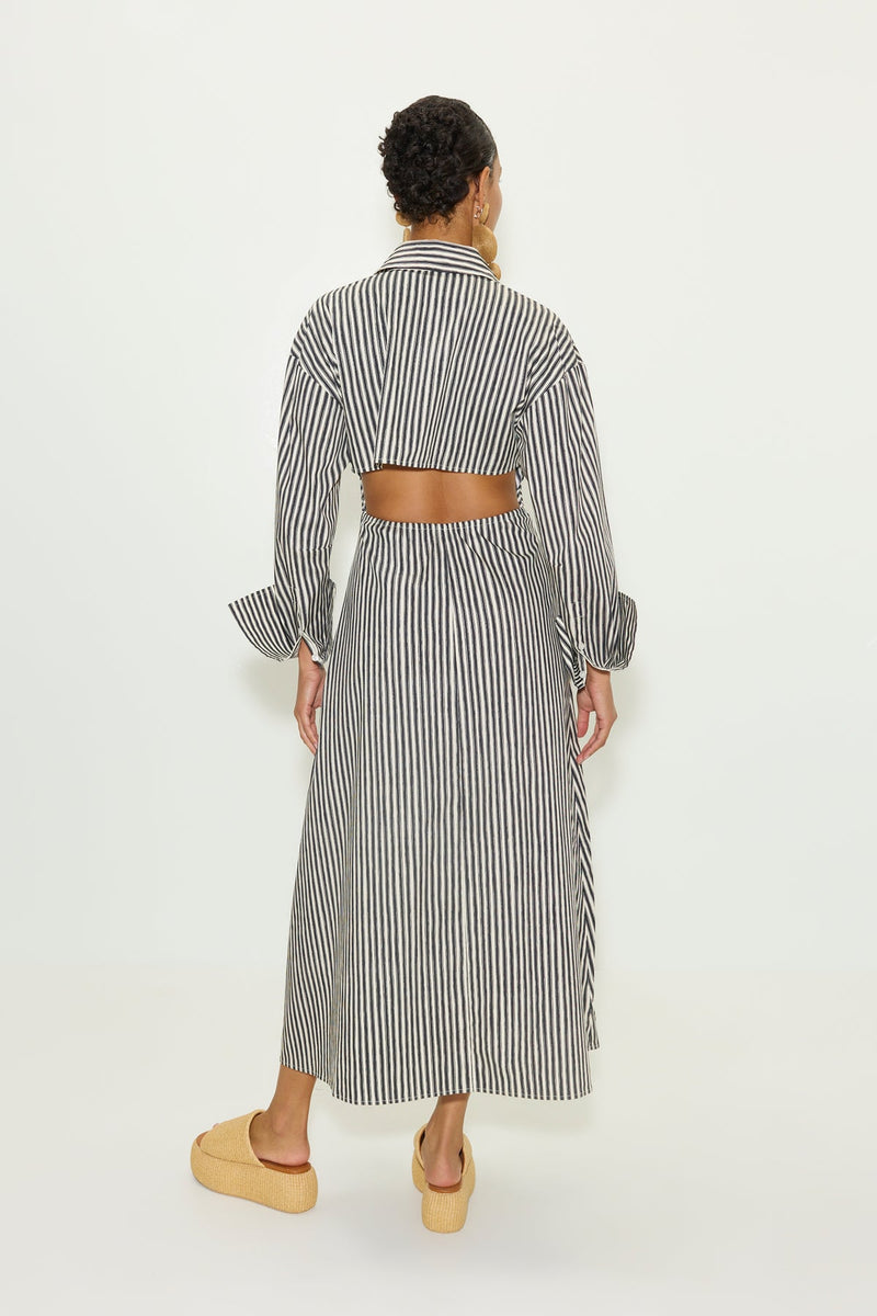 Loch Poplin Maxi Dress Black-Rice Flour Stripe