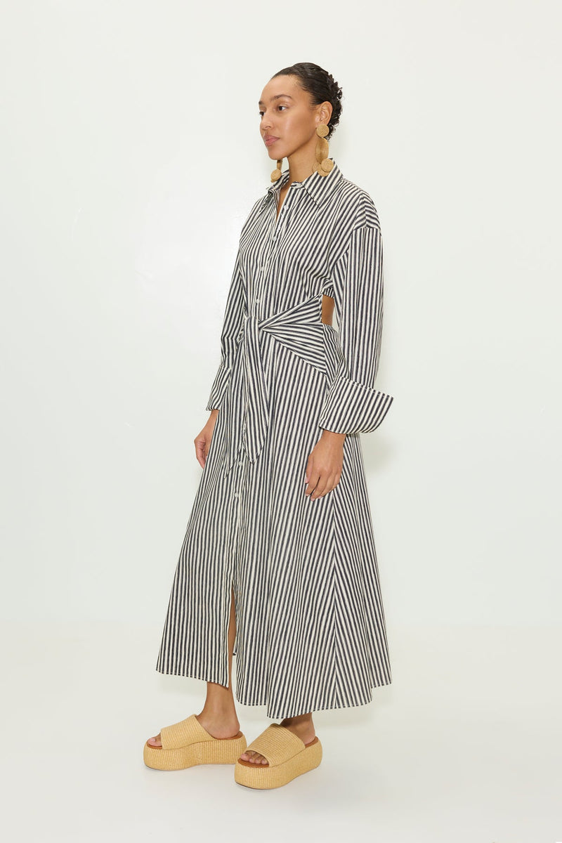 Loch Poplin Maxi Dress Black-Rice Flour Stripe