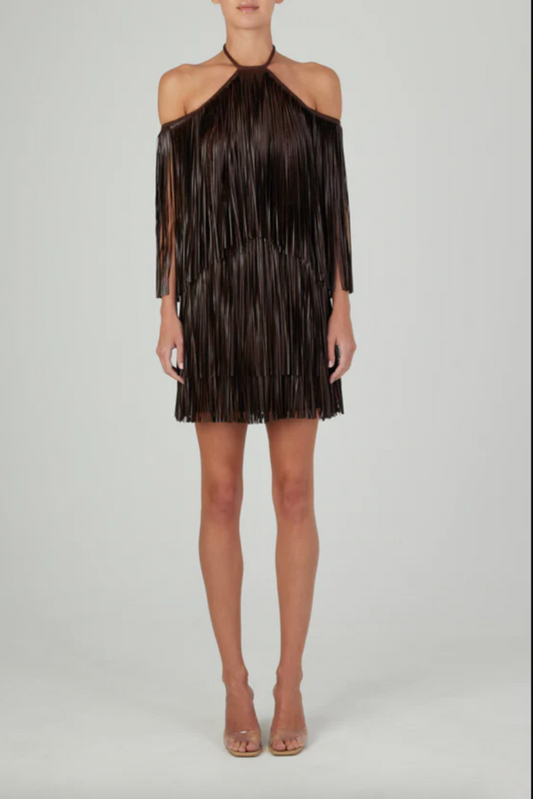 Vercelli Dress fringe brown off the shoulders silvia tsherassi resort 24