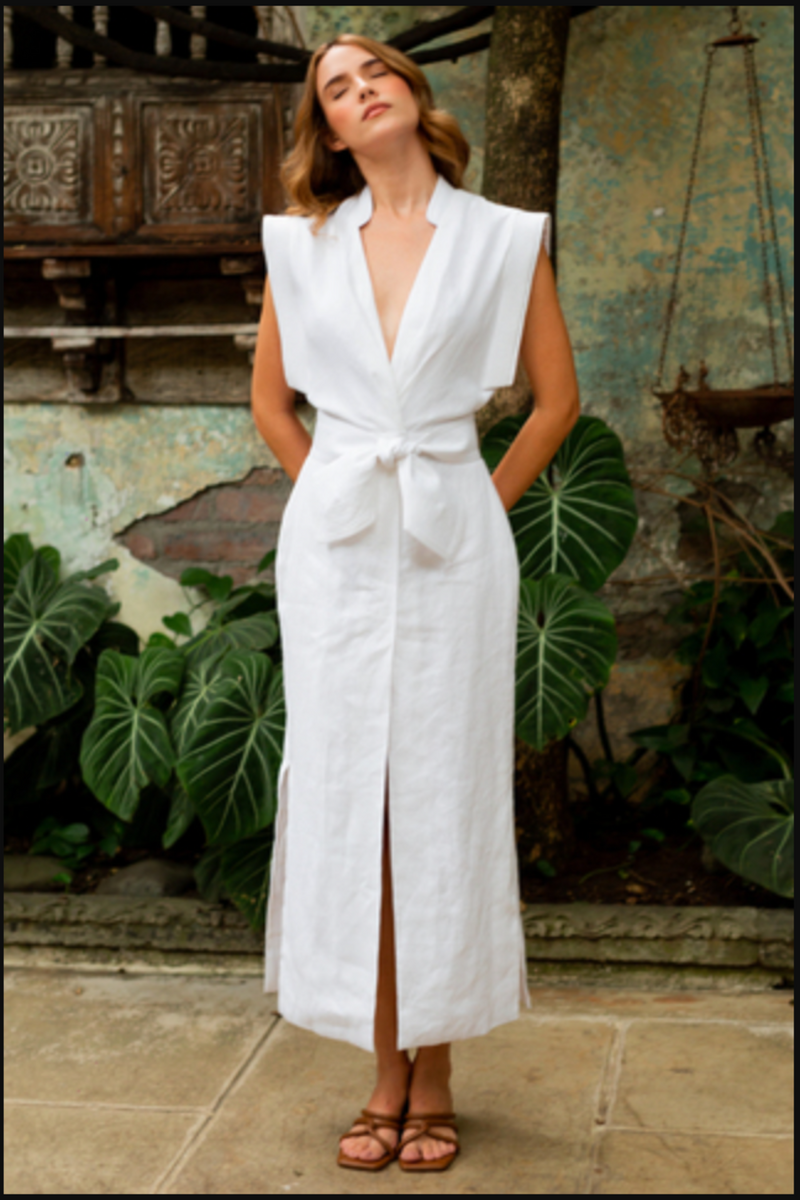 Aguila Tie Detailed Linen Midi Dress Off White andres otalaro summer dresses easy casual travel destination