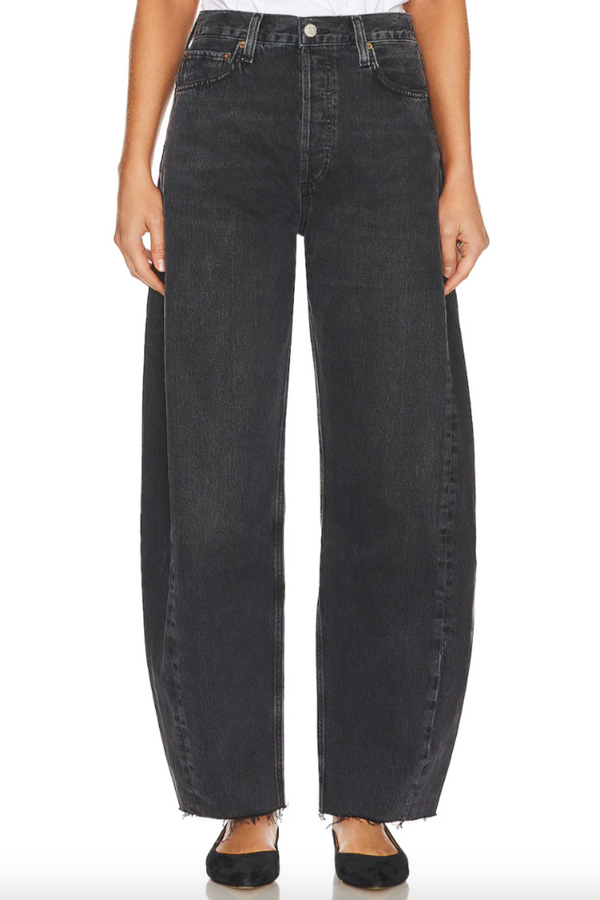 luna high rise piece black wide leg jeans in possess tapered raw edge button fly