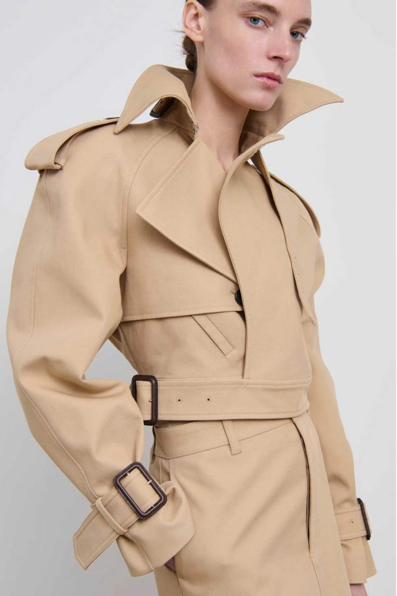 Khaki Perfecto Trench Cropped Jacket Wardrobe.NYC brown tan large lapel cotton