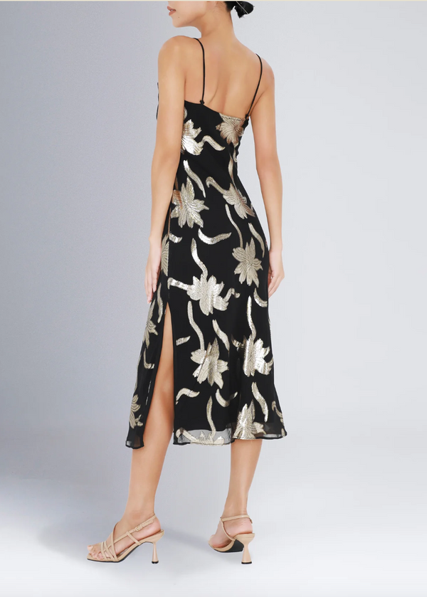 Classic Slip Dress in Black with Gold Flowers