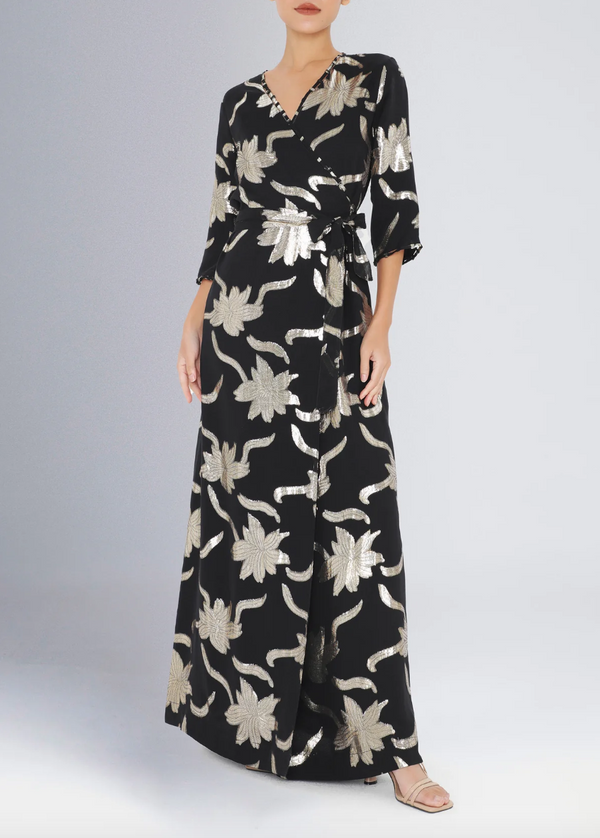 Long Faye Wrap Dress Dress in Black with Gold Flowers