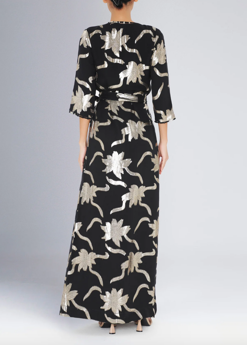 Long Faye Wrap Dress Dress in Black with Gold Flowers