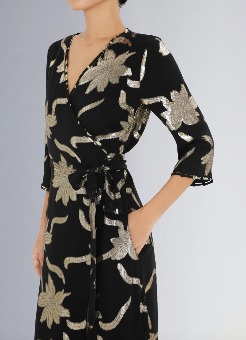 Long Faye Wrap Dress Dress in Black with Gold Flowers