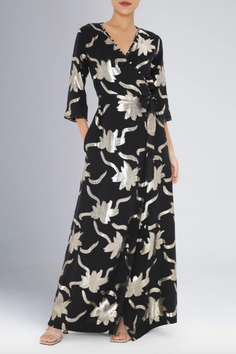 Long Faye Wrap Dress Dress in Black with Gold Flowers