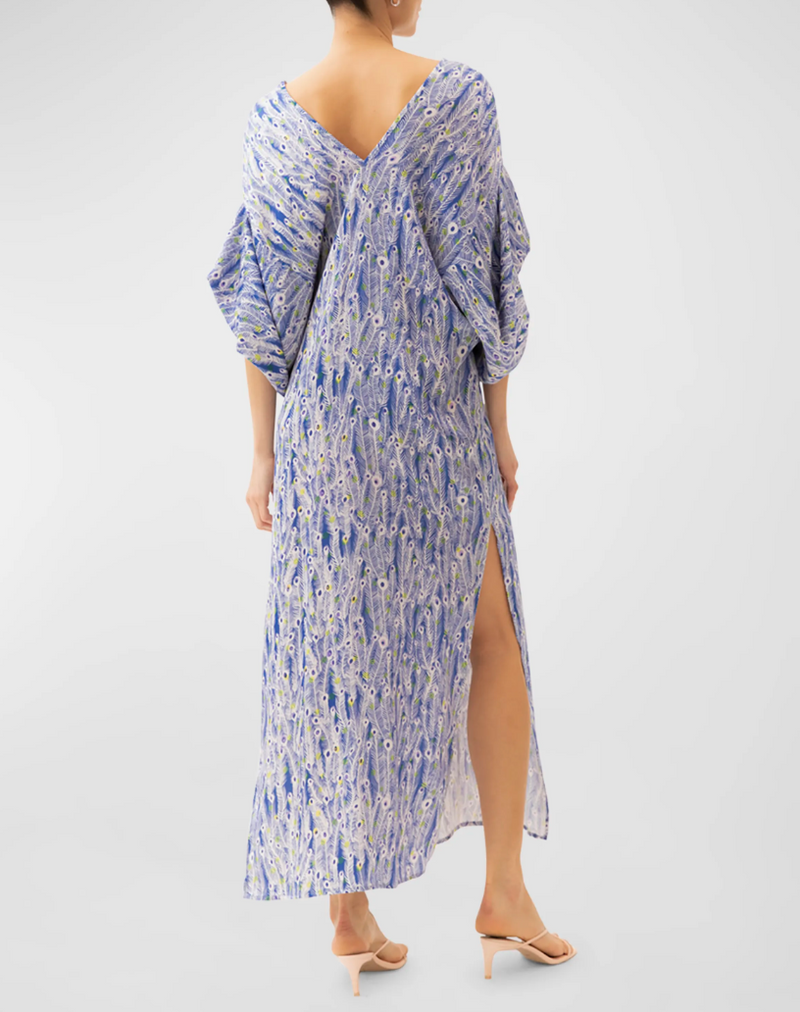 Beatriz Blue Peacock Feather Print Maxi