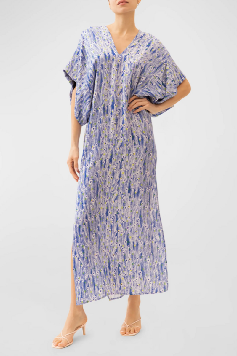 Beatriz Blue Peacock Feather Print Maxi