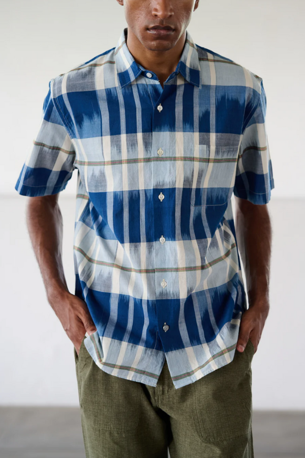 N.114 LAX Short Sleeve Shirt Blue Ikat Check (Final Sale)