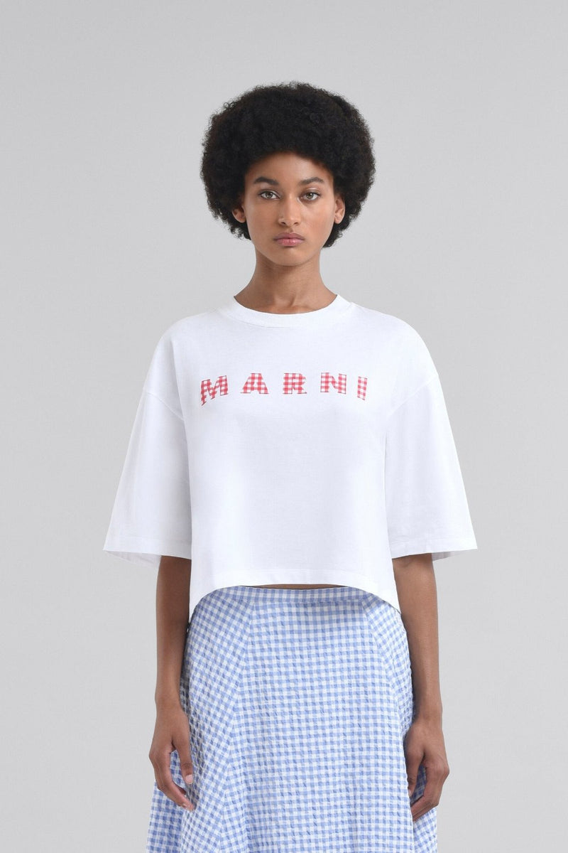 White jersey cotton T-shirt with checked Marni logo