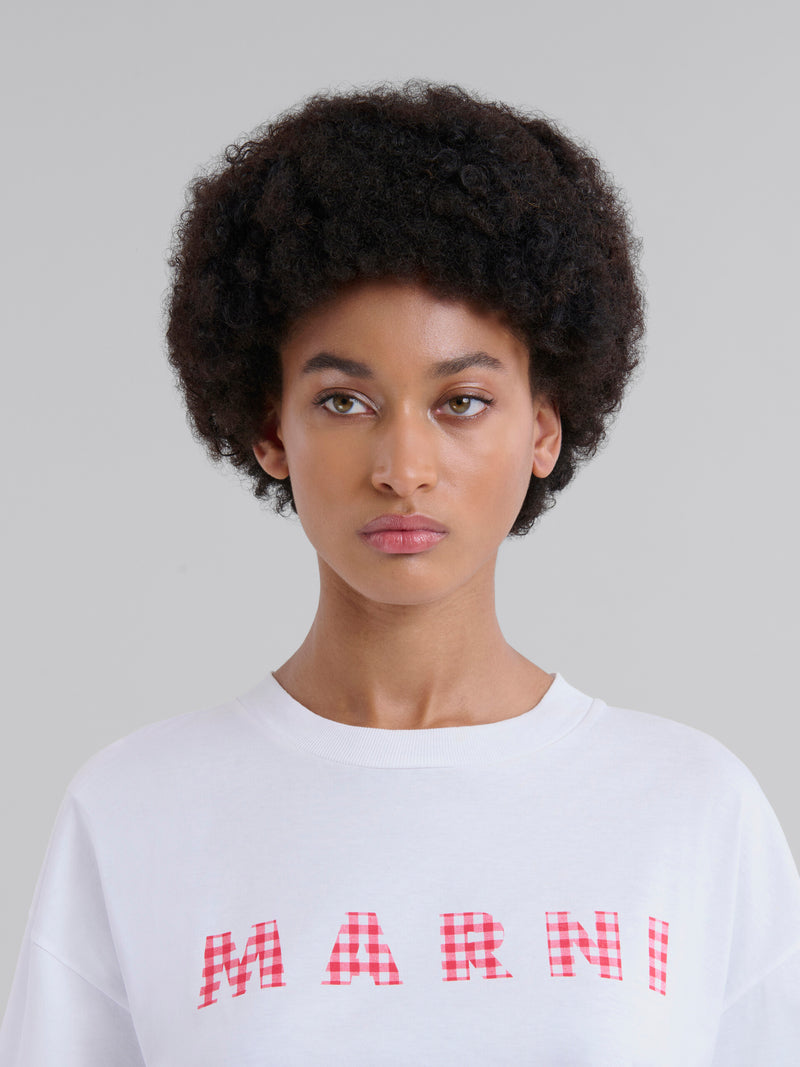 White jersey cotton T-shirt with checked Marni logo