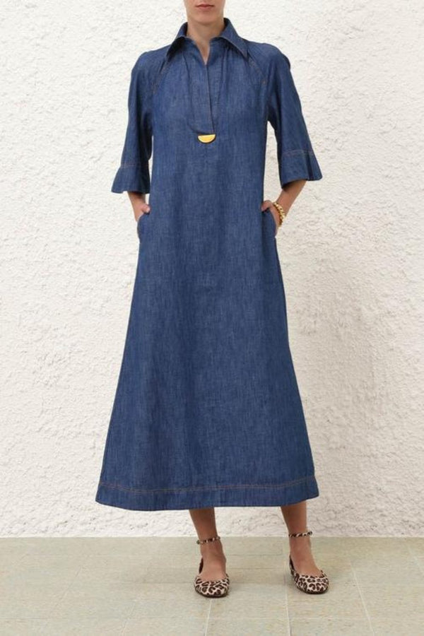 Illustration Denim Midi Dress Railway Blue