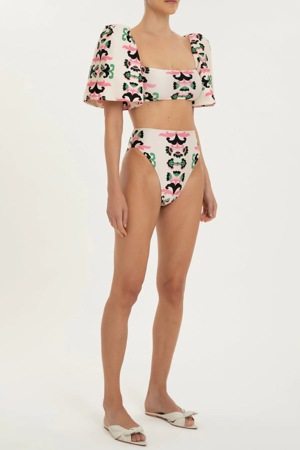 Twisted Flower High Leg Puff Sleeve Bikini (Final Sale)